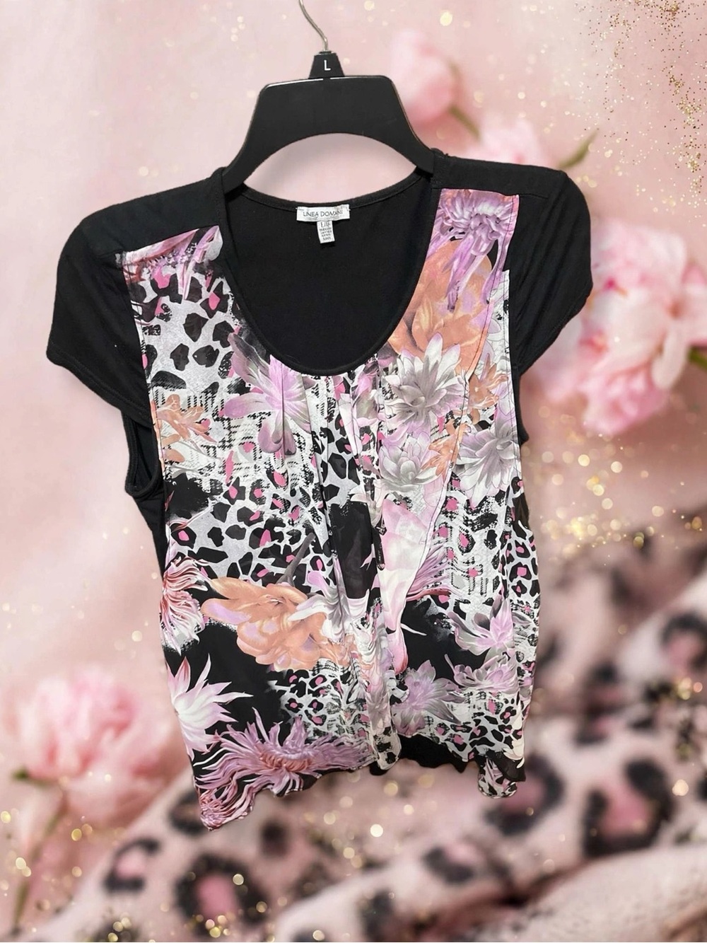 Floral & Leopard Print Black Short Sleeve Top - Pink Accents